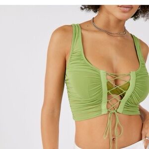 Urban Outfitters NWT Ruched Lace Up Cropped Sheer Tank Top Women’s Medium Green